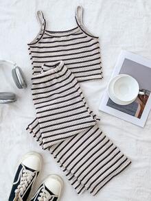 少女休闲蕾丝边吊带背心和阔腿条纹针织裤套装，适合日常穿着 - 黑與白 - 查看 2