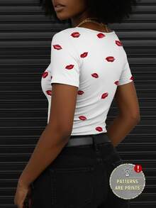 Rovax Women's Sexy V-Neck Full Print Short Sleeve T-Shirt, Lip Print, Fashion Streetwear, Couple Gift - Multicolor - View 2
