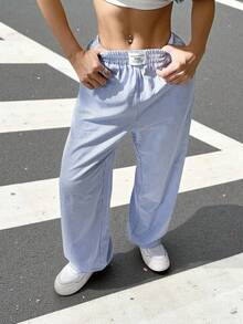 SHEIN EZwear 女式休闲条纹格子细节阔腿直筒裤 - 藍色 - 查看 6