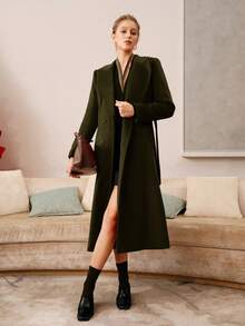 MOTF PREMIUM WOOL BLEND SOLID PEAK COLLAR BELTED OVERCOAT, AUTUMN/WINTER - Army Green - View 8