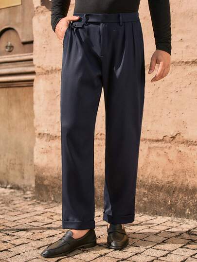 Manfinity VCAY 男士纯色褶裥口袋直筒休闲裤，适合通勤，男士正装裤，藏蓝色裤子，Manfinity 男士裤子，男士褶裥西装裤，深蓝色裤子