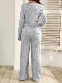 SHEIN Maternity Clothes Nursing Two-Piece Set Spring And Summer Pregnant Clothes Gray Maternity Two-Piece Set: Top + Straight-Leg Maternity Pants - Slim Fit, Soft, Comfortable, And Casual - Grey - View 2