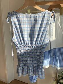 Comfortcana 女士格子印花系带无袖休闲背心，夏季 - 彩色 - 查看 2