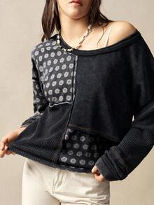 Bohemela 女士休闲针织拼接圆领宽松长袖卫衣，秋冬季 - 黑色 - 查看 1