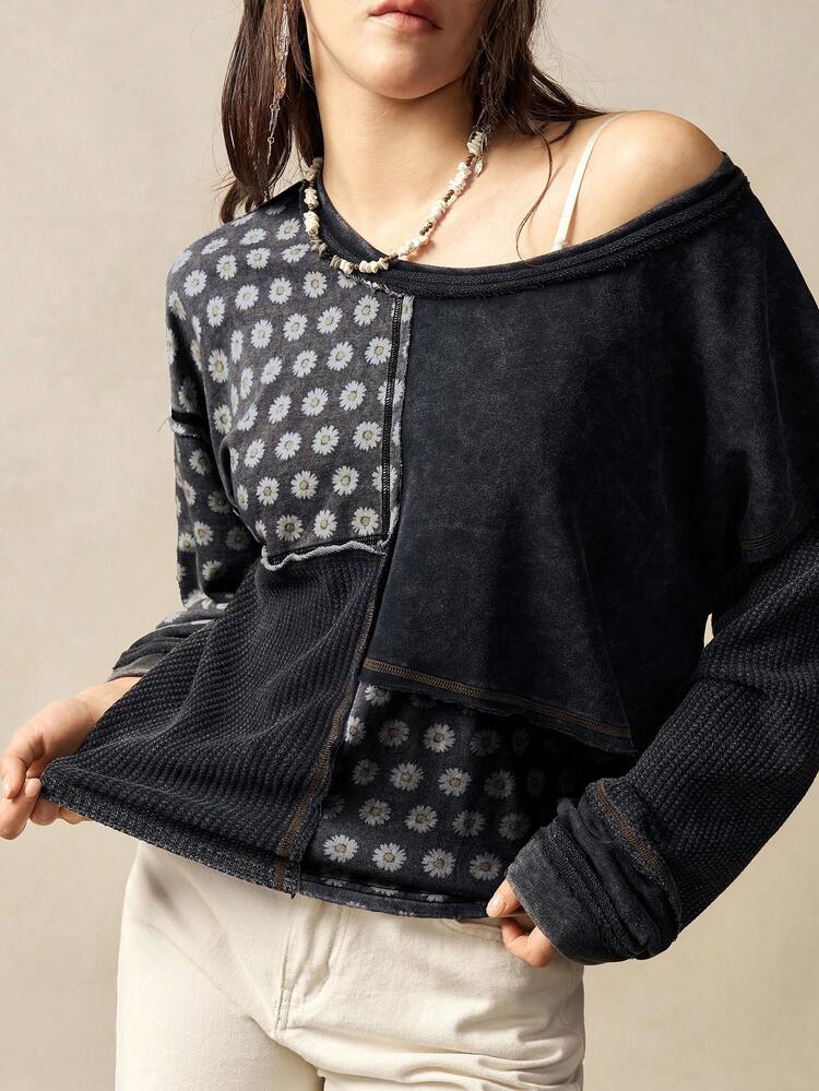 Bohemela 女士休闲针织拼接圆领宽松长袖卫衣，秋冬季 - 黑色 - 查看 1