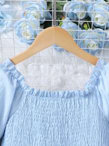 SHEIN 少女纯色方领泡泡袖褶皱腰身荷叶边下摆法式甜美中长连衣裙 - 淺藍色 - 查看 5