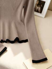 Franclia 法式优雅方领弹力修身长袖针织毛衣，撞色饰边可爱荷叶边针织上衣，适合日常穿着，秋冬 - 灰色 - 查看 5