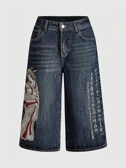 J-Fashion Unisex Retro Streetstyle Chinesische Geisha Kalligraphie Stickerei Weite Culotte Jeans