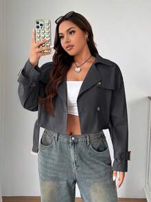 SHEIN EZwear Áo khoác trench coat cổ bẻ cổ điển cỡ lớn, màu xám đậm - Màu xám đen - Xem 1