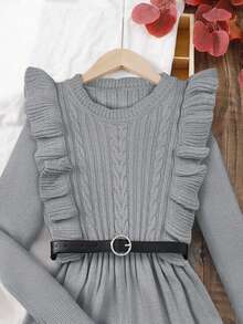 SHEIN Tween Girl Casual Knitted Jacquard Solid Color Ruffle Collar Long Sleeve Dress, Grey Dress, Suitable For Christmas, New Year Party, Preppy Style, Daily Wear - Grey - View 7