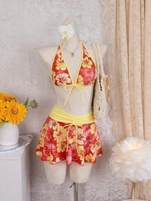 Bellisia Bộ bikini 3 mảnh họa tiết hoa cho lễ hội âm nhạc bãi biển mùa hè dành cho nữ - Nhiều màu - Xem 1
