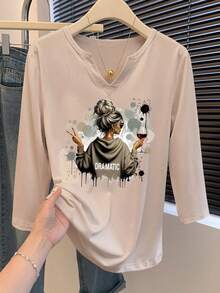 EMERY ROSE Y2K风格V领七分袖T恤，醒目图案，休闲时尚女式上衣，春夏佳礼 - 卡其色 - 查看 3