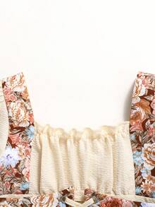 Leap Crew Nova Glow撞色拼接腰部褶皱胸部可调节肩带前褶皱长袖方领中长连衣裙，适合居家和户外活动，秋冬季节，波西米亚风格 - 杏色 - 查看 8