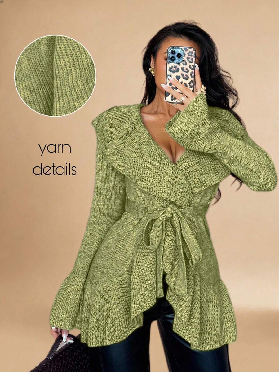 Islaluna Women's Basic Minimalist Elegant French Fashion Romantic Tie-Front Cardigan - Green - View 1