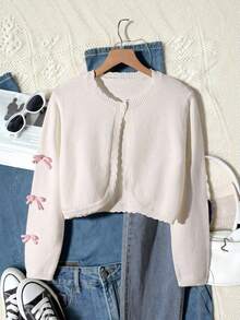 Girls' Short Bow-Knot Cardigan, Suitable For Travel, Gatherings, Back To School - White - View 1