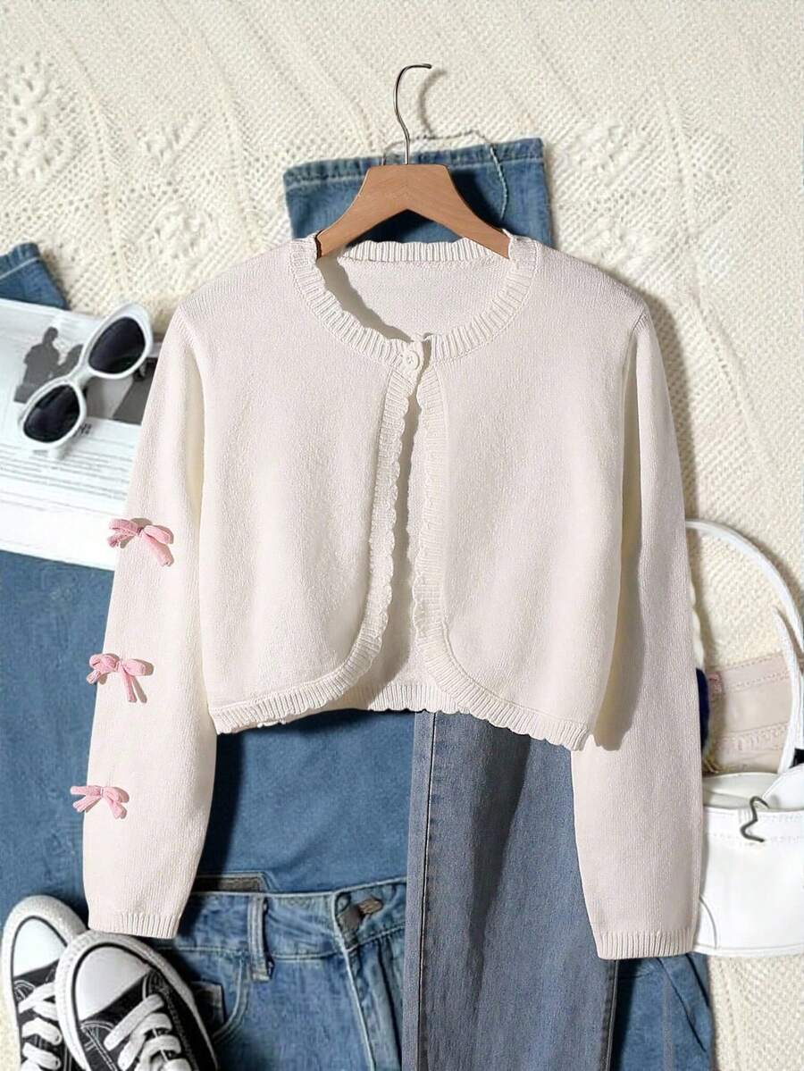 Girls' Short Bow-Knot Cardigan, Suitable For Travel, Gatherings, Back To School - White - View 1