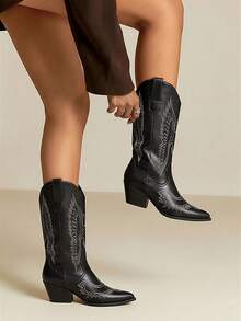 Daringsoles 新款刺绣复古粗跟防滑西部靴，秋冬拼接及膝靴，女士高跟尖头中筒靴 - 黑色 - 查看 3