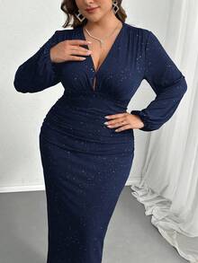 Firerie 大码优雅通勤精致高端场所精致下午茶，略带性感的约会音乐会派对闪亮面料深 V 腰部褶皱修身长袖超长鱼尾连衣裙，初秋 - 藏蓝色 - 查看 6