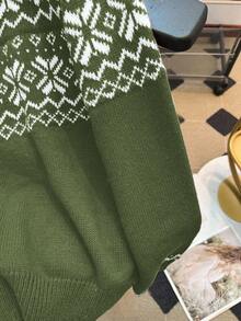 Franclia Women's Snowflake Pattern Crew Neck Long Sleeve Christmas Sweater, Autumn/Winter Green Sweater Knitted Sweater Winter Sweater Women Sweater Fair Isle Sweater - Army Green - View 5