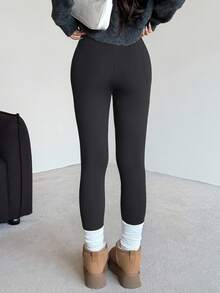 SHEIN 少女修身休闲舒适长款纯黑色瑜伽紧身裤 - 黑色 - 查看 4