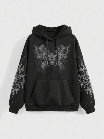 Grunge Punk Felpa oversize con grafica di rami e spine, colore nero, per donna