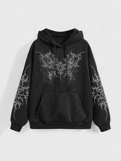 Grunge Punk Felpa oversize con grafica di rami e spine, colore nero, per donna