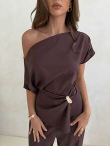 Aloruh 女士褶皱肩部咖啡色通勤上衣和裤子套装 - 咖啡棕 - 查看 5