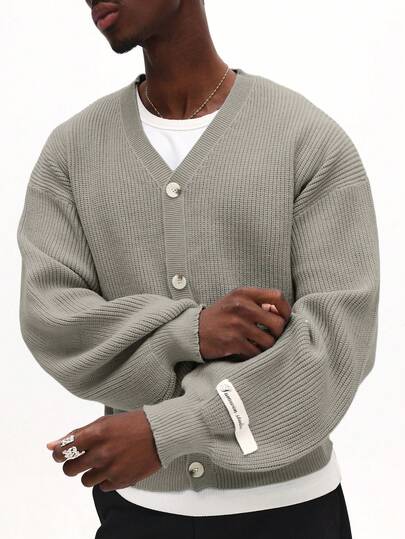 SUMWON Men's Relaxed Fit V-Neck Button Up Knitted Cardigan With Front Pockets Long Sleeve Casual Sweater