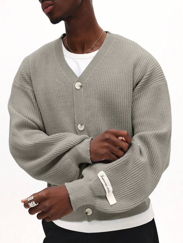 SUMWON Men's Relaxed Fit V-Neck Button Up Knitted Cardigan With Front Pockets Long Sleeve Casual Sweater