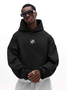 SUMWON 常规休闲落肩套头连帽衫，饰有芝加哥刺绣标志，宽松版型，适合日常穿着 - 黑色 - 查看 2