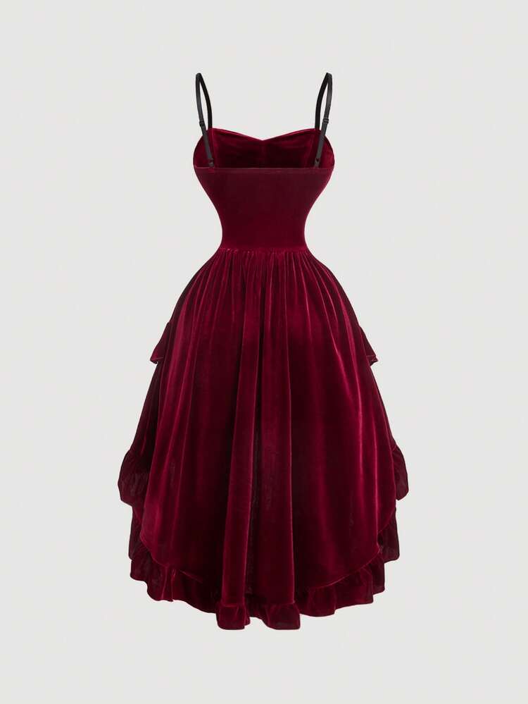 SHEIN MOD Vestido de Veludo Médio Feminino, Vestido de Fantasia, Vestido Borgonha - Vermelho - Visão 2