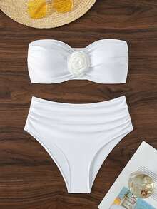 SHEIN Swim Women's Solid Color 3D Floral Decor Swimsuit Set - White - View 4