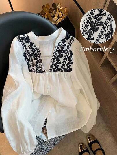 Franclia 女士法式假日风刺绣黑白撞色V领褶皱长灯笼袖夏季秋季衬衫外出上衣女士秋季服装可爱衬衫女式休闲装春季大学服装
