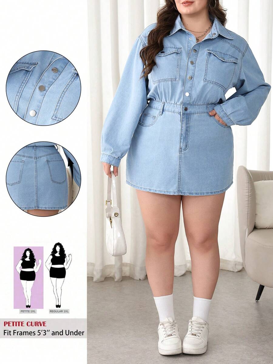 SHEIN PETITE CURVE Plus Size Women Long Sleeve Single-Breasted Pocket Casual Denim Shirt Dress Winter Christmas New Year Thanksgiving Commuting Vacation Graduation Chic Y2k Cute Streetwear Coquette Party Wedding Elegant Business Casual Woman Chic Plus Size Denim Mini Dress For Women Light Blue Button-Down Long Sleeve With Elasticized Waist And Pockets Holiday Everyday Outfit Year-End Denim Stylish Item - Blue - View 1