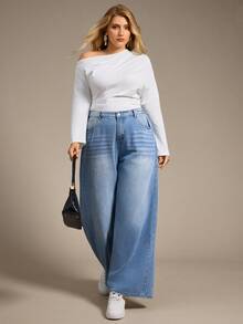 Auralis Quần Jeans Ống Rộng Màu Đen Dáng Rộng Cho Nữ Size Lớn - Rửa trung bình - Xem 4