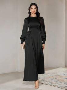 Veilorie Women's Solid Color Puff Sleeve Waist Tie Pleated Design Elegant Dress Black Dress - Black - View 2