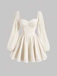 SHEIN MOD שמלת חופשת אביב עם שרוולים צווארון מתוק שרוול פנס שמלת חזה מקושטת