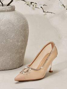 SHUZIA Women's Fashionable Sexy Point Toe Mesh Rhinestone Embellishments Pumps - Beige - View 9