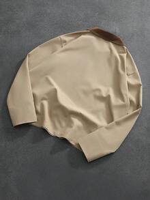 PAVTROS Men's Contrast Color Collar Long Sleeve Zip Front Casual Shirt Mens Cropped Jacket Mens Turn-Down Collar Short Sleeve Jacket Mens Zip Up Shirt Mens Short Jacket Mens Collared Shirts - Khaki - View 2