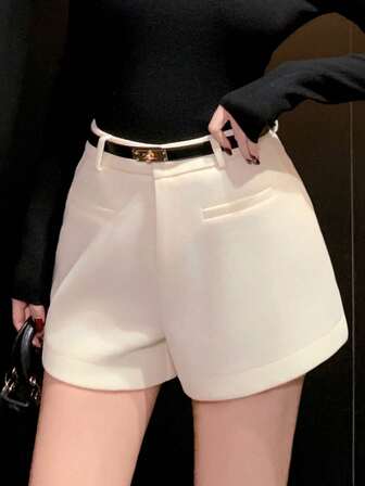 DAZY Women's Thick White Faux Wool Blend Business Casual Office Shorts With Pockets, Straight Leg Design, Autumn/Winter