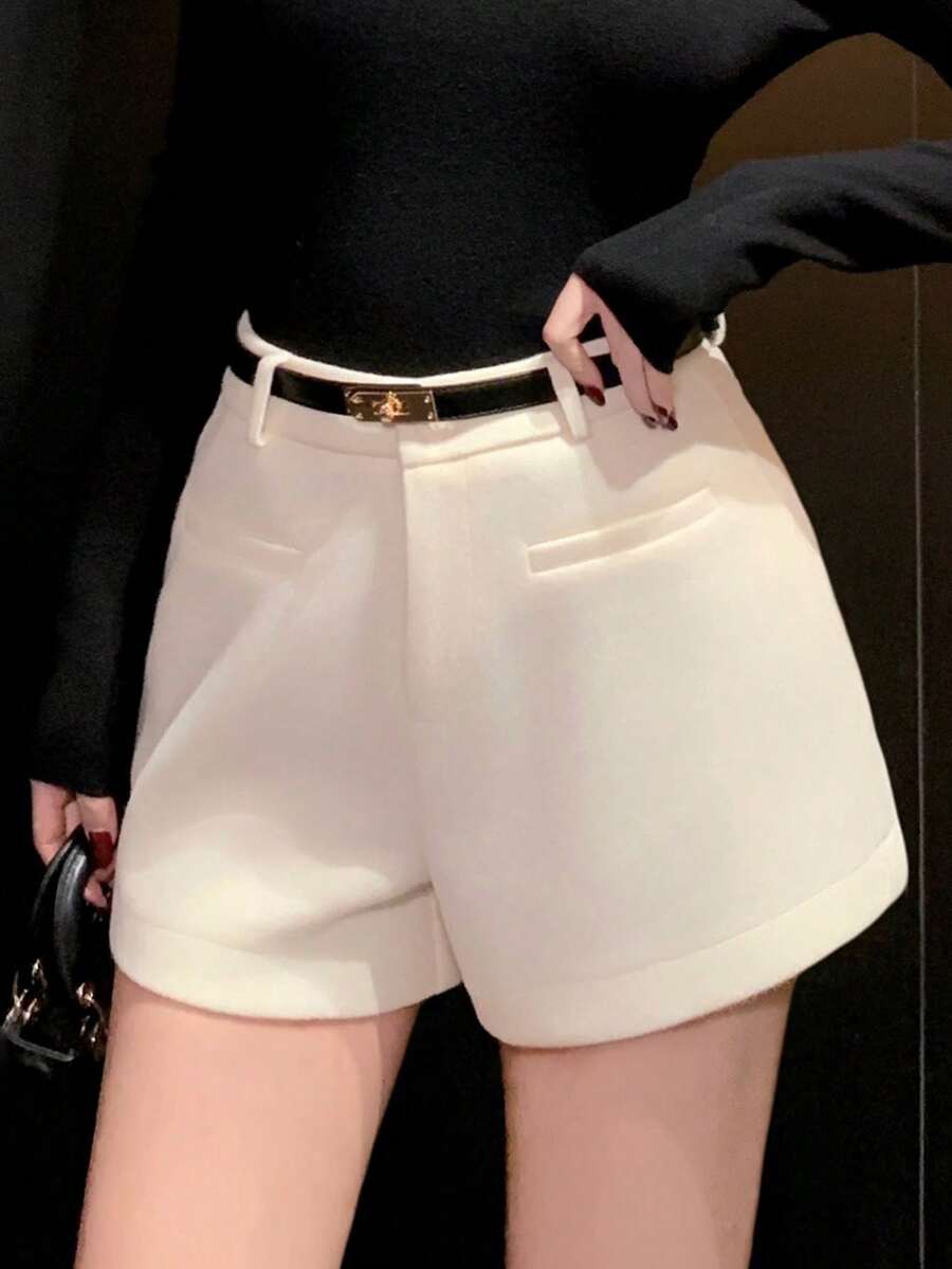 DAZY 女士加厚白色仿羊毛混纺商务休闲办公短裤，带口袋，直筒版型，秋冬季