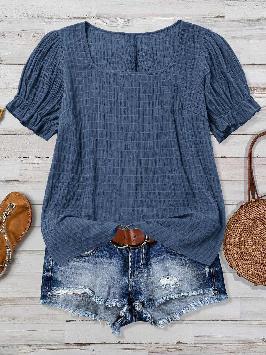 SHEIN VCAY Plus Size Women's Summer Square Neck Short Puff Sleeve Casual Shirt - Blue - View 1