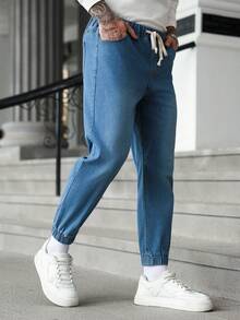 Manfinity Homme Men's Drawstring Waist Pockets Straight Loose Casual Versatile Jeans - Blue - View 7