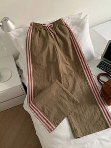 Comfortcana 女士棕色侧条纹松紧腰休闲宽松运动裤 - 彩色 - 查看 7