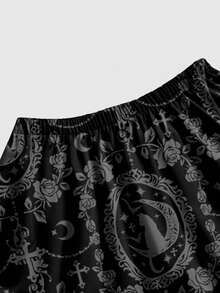 ROMWE Gothic Cat Rose Cross Baroque Retro Full Print Women Skirt - Black - View 3
