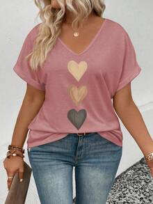 EMERY ROSE Áo thun nữ cổ chữ V tay bo gấu, họa tiết trái tim ombre, thường ngày đa năng, mùa xuân/hè - Hồng - Xem 3
