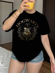 HARRY POTTER X SHEIN 大码字母与标志图案圆领短袖T恤 - 黑色 - 查看 6