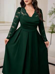 Modelyn 大码优雅派对纯色蕾丝拼接连衣裙 - 墨綠色 - 查看 5