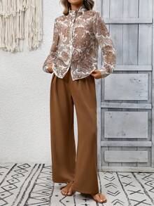EMERY ROSE Women's Floral Print Long Sleeve Shirt And Pleated Wide Leg Pants Casual 2-Piece Set - Coffee Brown - View 4