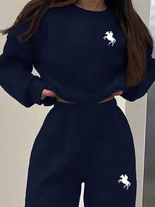 SHEIN Leap Crew 2件套少女休闲简约圆领长袖加厚卫衣裤套装，适合秋冬季穿着 - 藏蓝色 - 查看 3